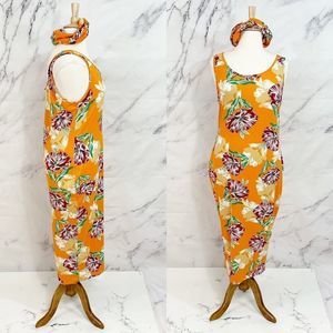 Rebdolls Bodycon Tropical Midi Dress 3X with Turban